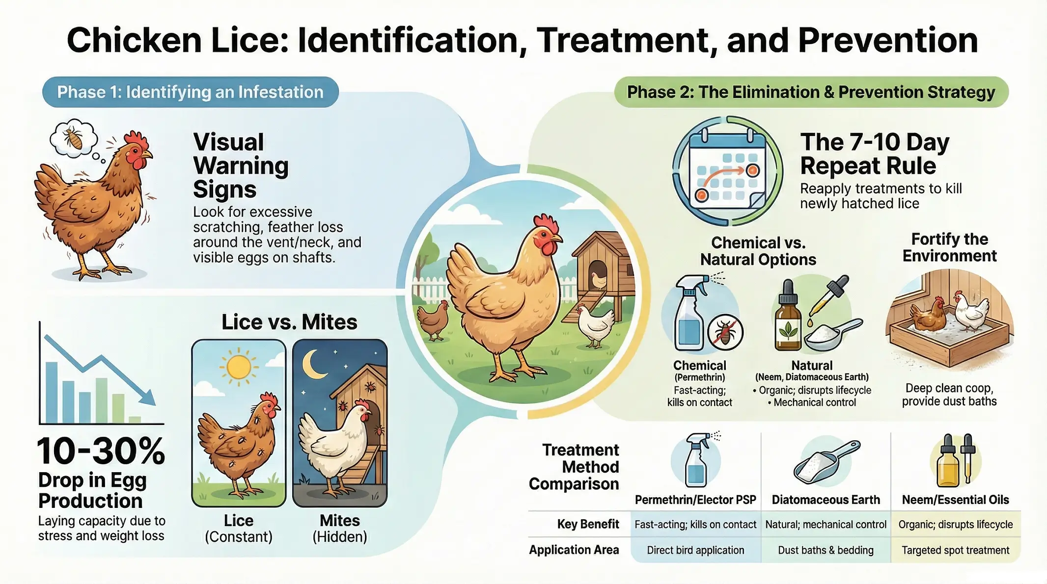 Hen lice treatment application showing powder dusting on chicken