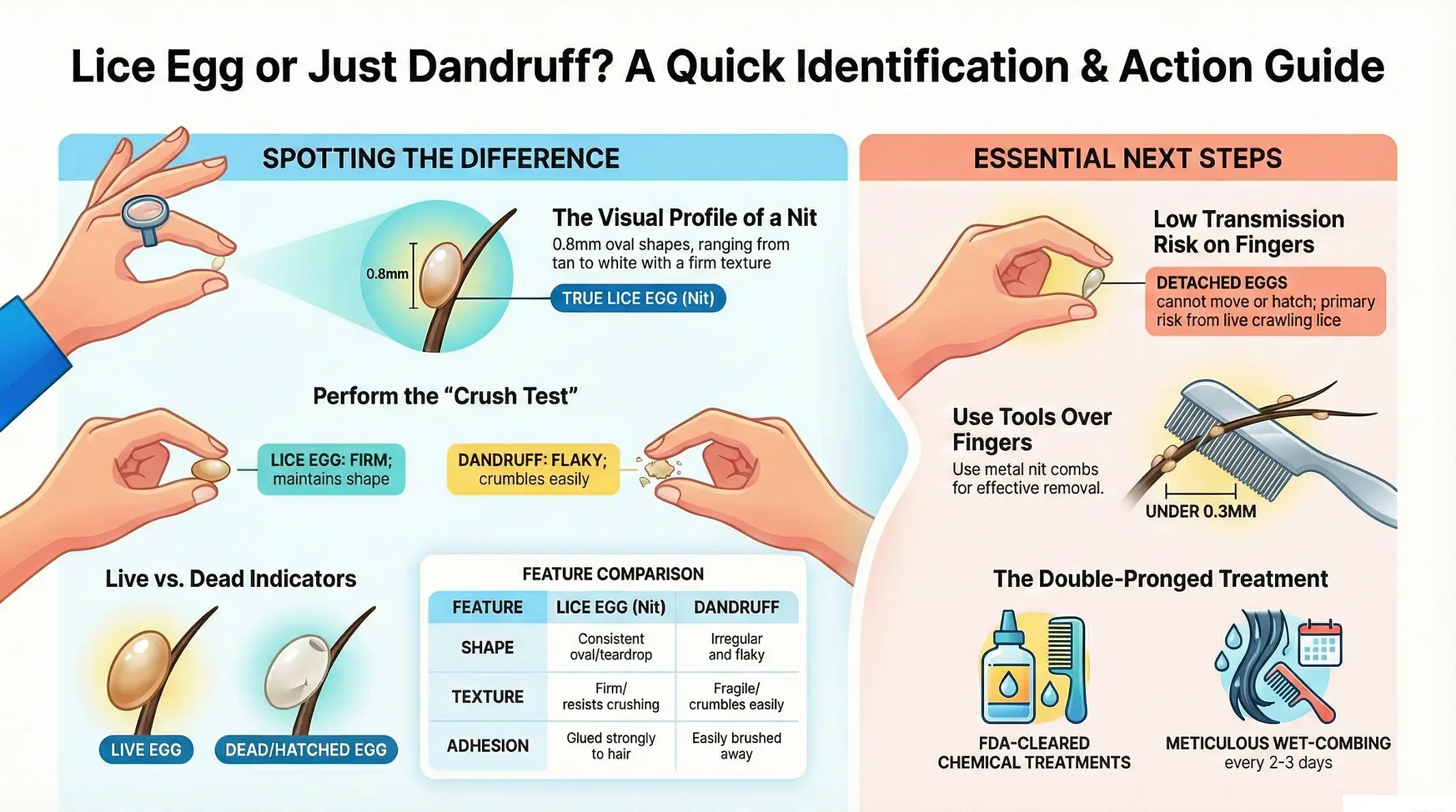Lice egg on finger close-up showing oval shape and tan coloring